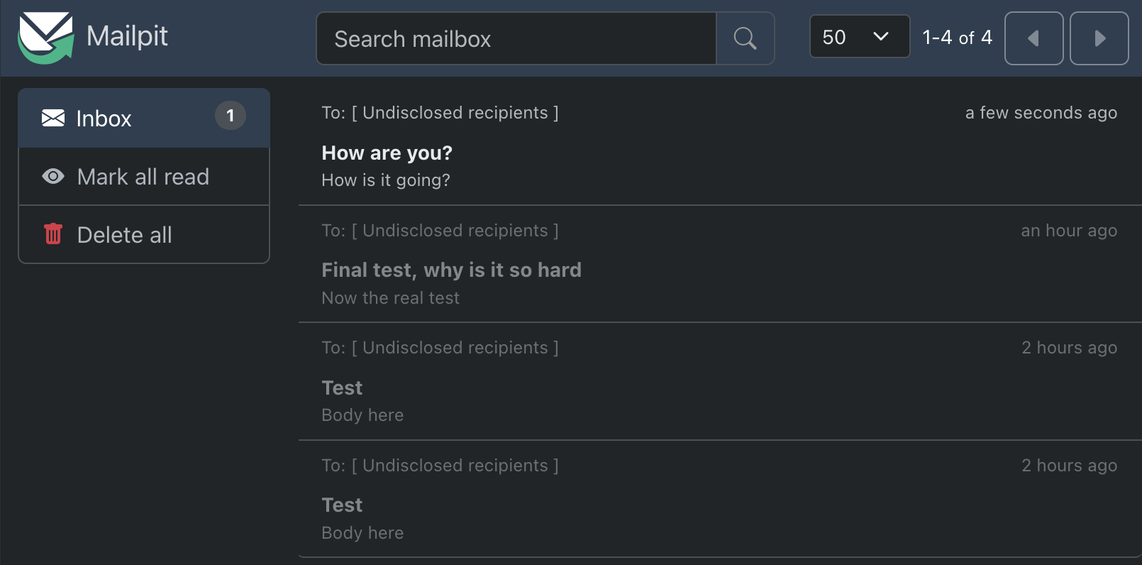 New email tag in MailPit web interface